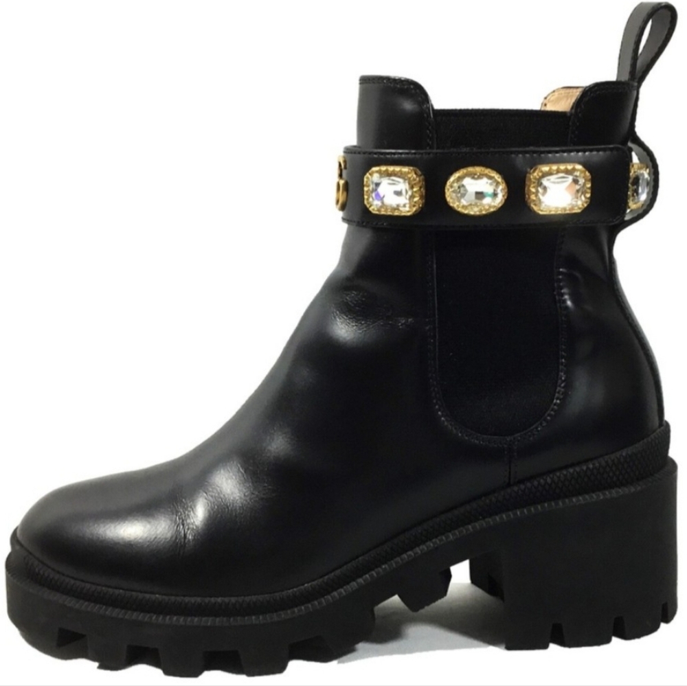 Gucci Black Magnum Calf Ankle Boots with Gold Accents